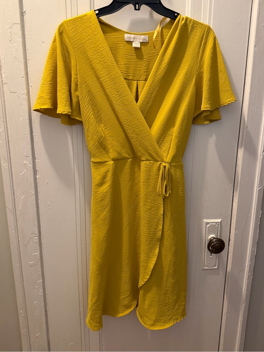 Monteau Los Angeles Yellow Wrap Dress Flutter Sleeve M